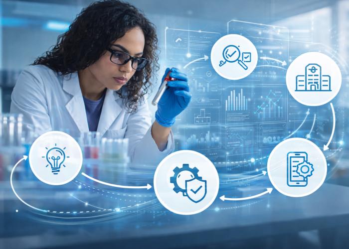 scientist examining beaker